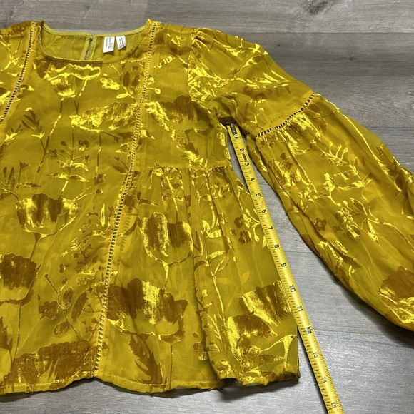Meadow Rue Anthropologie Mustard Yellow Velvet Sheer Peasant Boho Blouse -Size 4 - Picture 6 of 7